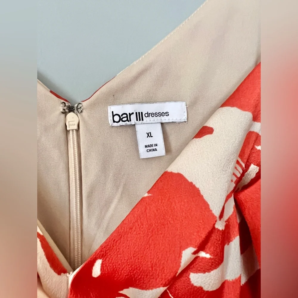 Bar III Printed Hammered-Satin Twist-Front Faux-Wrap Midi Dress Orange Cream‎ XL